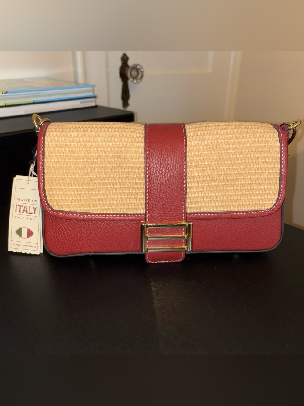 Red Leather & Straw Crossbody Clutch